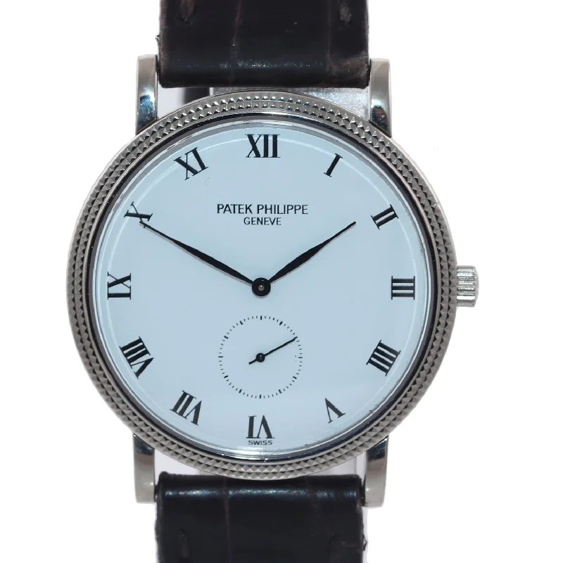 Patek Philippe Autumn Watches for Women-Patek Philippe Calatrava 18k White Gold 3919G Hobnail White Roman Leather Watch
