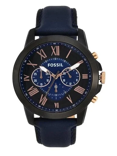 Men's Chronograph Watches with Laser Engraving-Fossil Grant Chronograph Navy Leather Watch Fs5061I