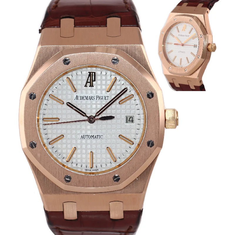 Women's Audemars Piguet Date Night Design Watches-Audemars Piguet AP Royal Oak 18K Rose Gold 15300 39mm Silver White Brown Watch