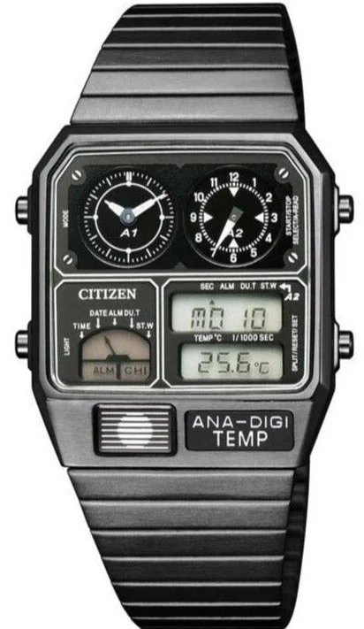 Women's Pilot Watches for Weather Monitoring-Citizen Retro Analog-Digital Temperature Display ANA-DIGI-Temp Black JG2105-93E