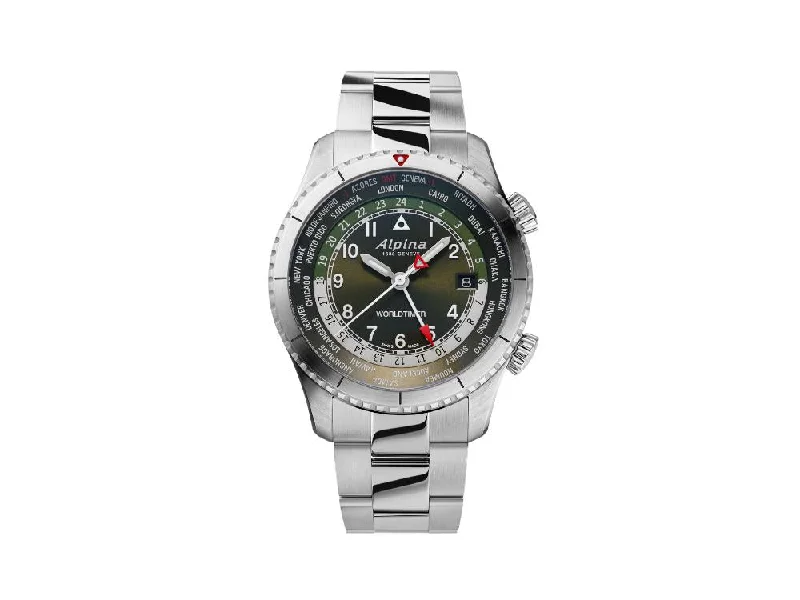 Men's Quartz Watches for Emergency Signaling-Alpina Startimer Pilot Quartz Worldtimer Watch, 41 mm, Green, Day, AL-255GR4S26B