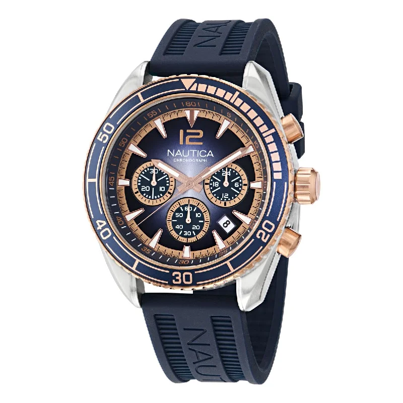 Women's Chronograph Watches for Modern Aviation-Nautica Key Biscane Blue Dial Round Case Quartz Analog Men Watch