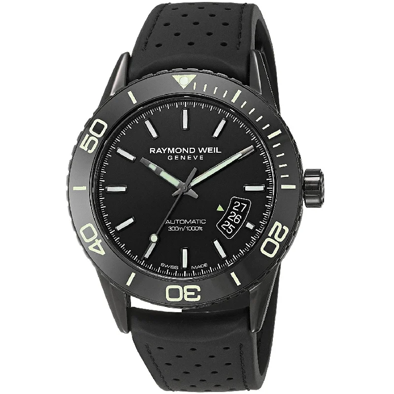 Men's Chronograph Watches with Thermometer Function-Raymond Weil Men's 2760-SB1-20001 Freelancer Automatic Black Rubber Watch