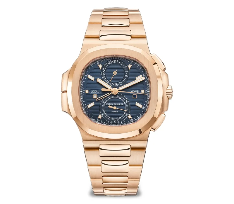 Men's Patek Philippe Watches for Weather Monitoring-41mm Travel Time Chrono 18k Rose Gold Blue Dial
