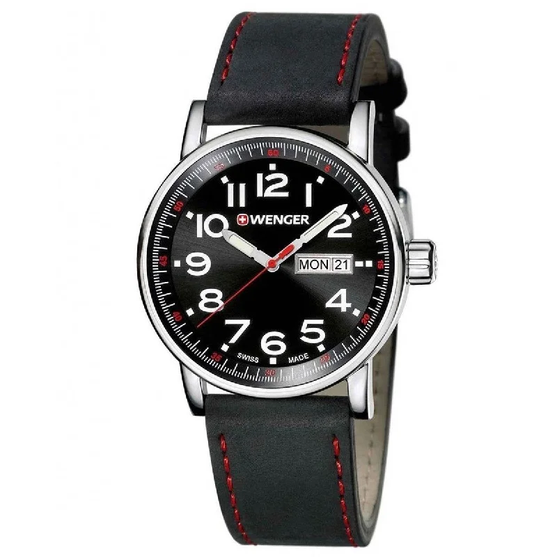 Men's Chronograph Watches with UV Sensor-Wenger Men's 01.0341.103 Attitude Black Leather Watch