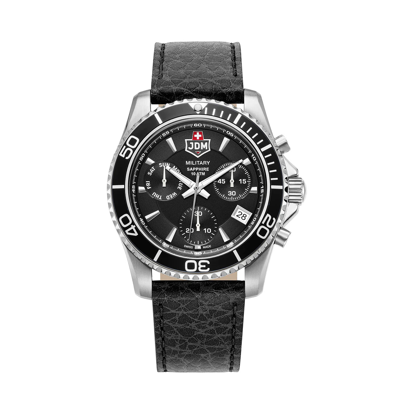 Men's Military Watches with SWAT Teams-JDM Military Sierra Chrono Men's Black Dial Watch JDM-WG019-05 – Swiss Made, 43mm, Sapphire Crystal, Chronograph, 5 ATM, Leather Strap