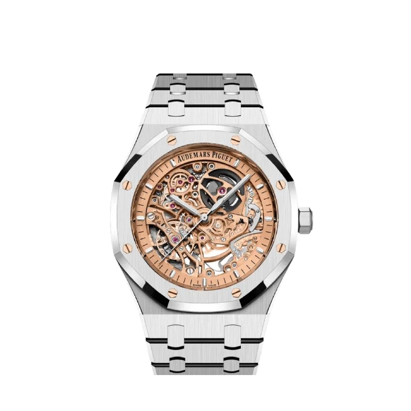 Men's Audemars Piguet German Made Style Watches-Audemars Piguet Royal Oak 15407ST.OO.1220ST.02 Double Balance Wheel  Stainless Steel Openworked Pink Gold-Toned Dial