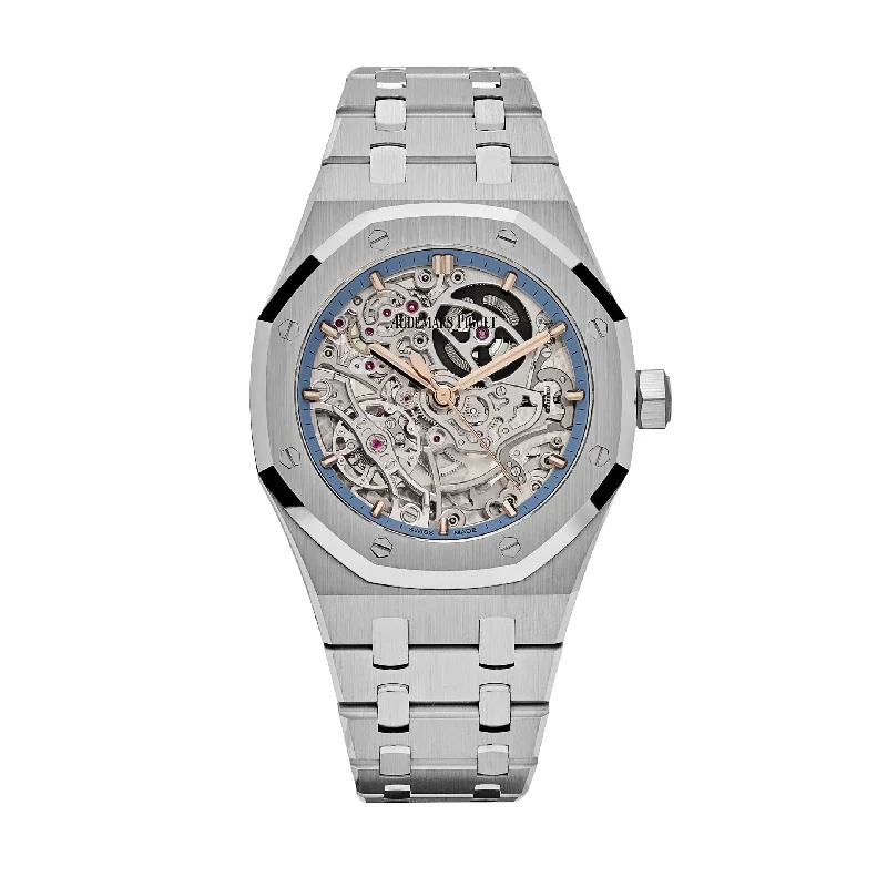 Men's Audemars Piguet Analog Style Watches-Audemars Piguet Royal Oak Openworked 15467BC.OO.1256BC.01 Double Balance Wheel White Gold Light-Blue Inner Bezel