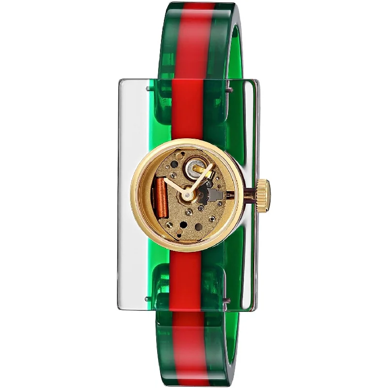 Women's Chronograph Watches for Modern Design-Gucci Women's YA143501 Fashion Show Skeleton Green and Red Plexigals Watch