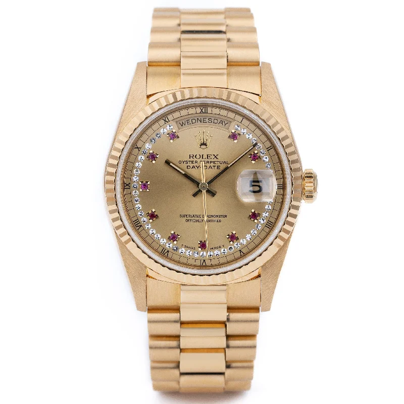 men's Rolex watches with open-heart design -​Rolex Day-Date | REF. 18238 | Champagne Diamond & Ruby String Dial | 18k Yellow Gold