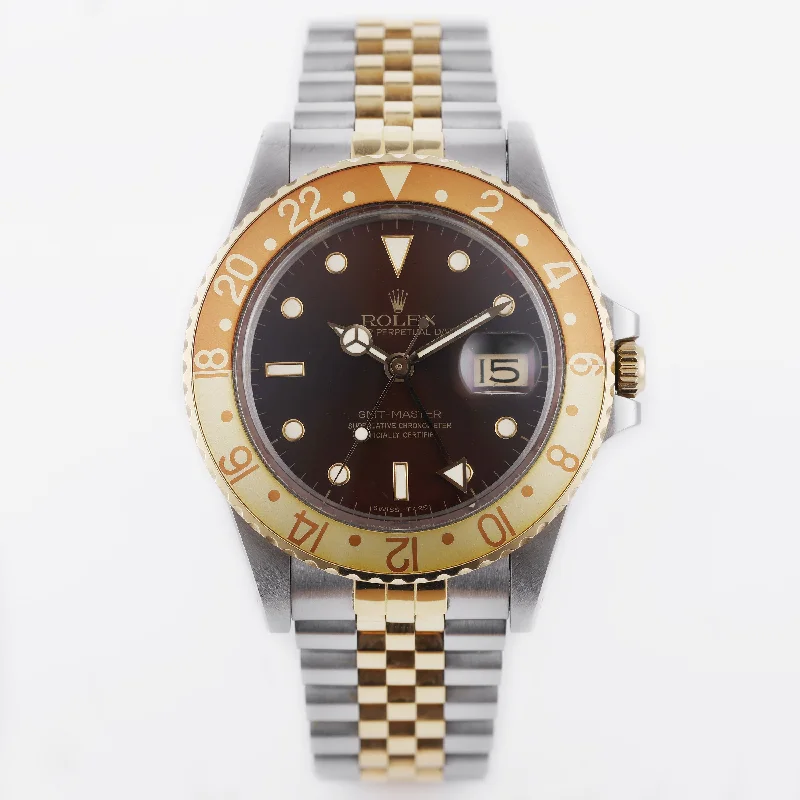 men's Rolex watches with exhibition case back -​Unpolished Rolex GMT-Master 'Rootbeer' | REF. 16753 | SWISS - T <25 Dial | Bronze Brown Dial | 1986/1987 | Stainless Steel & 18k Yellow Gold