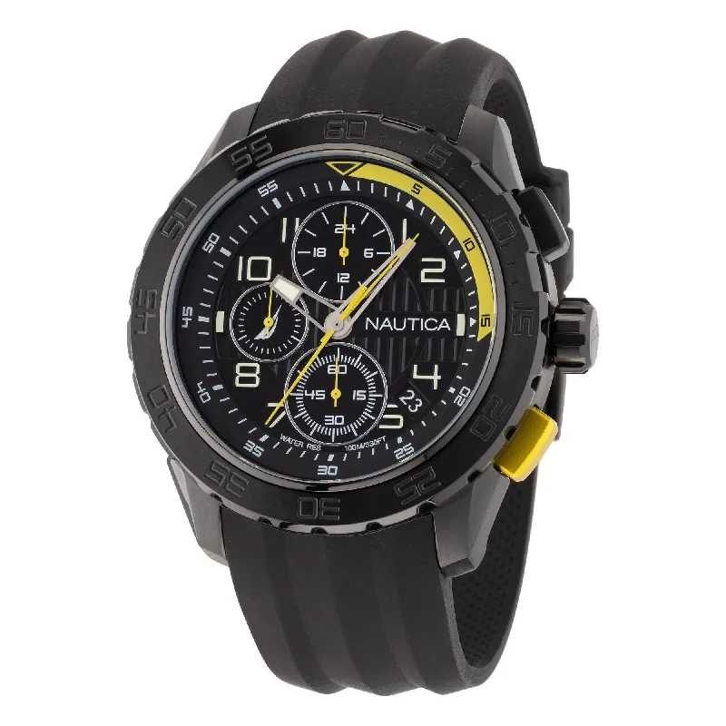 Women's Chronograph Watches with Barometer Calibration-Nautica NST Black Dial Round Case Quartz Chronograph Analog Men Watch