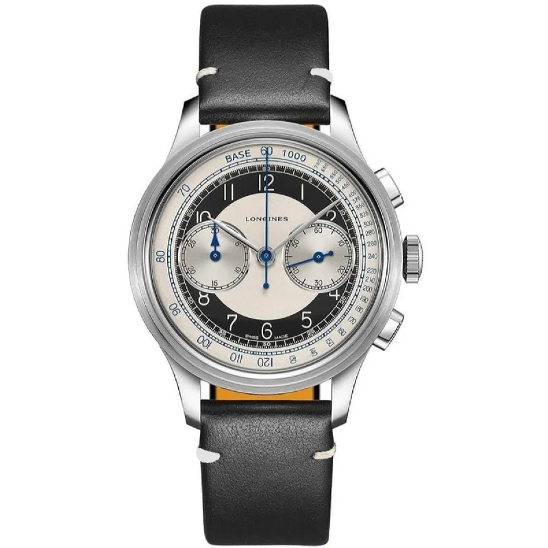Men's Chronograph Watches for Customization-Longines Men's L2.830.4.93.0 Heritage Chronograph Black Leather Watch