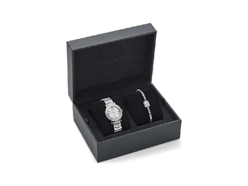 Men's Quartz Watches with Smart Features-Versace Greca Sphere Box Set Quartz Watch, Silver, 35 mm, VE9C00324