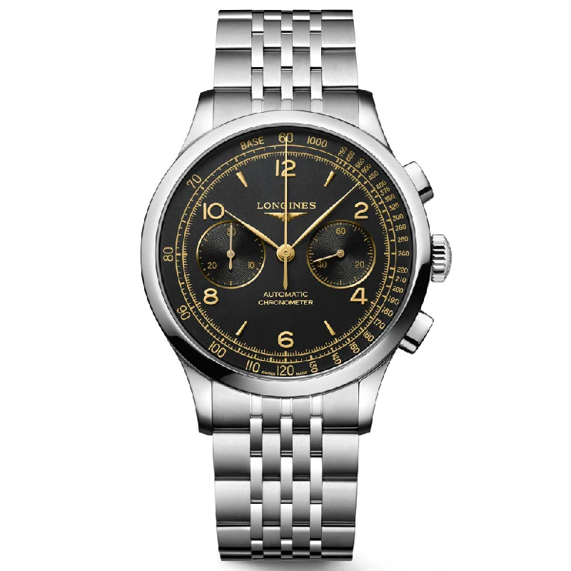 Women's Chronograph Watches with Heart Rate Monitoring-Longines Record 40mm Black Dial Automatic Chronograph Gents Watch L2.921.4.56.6
