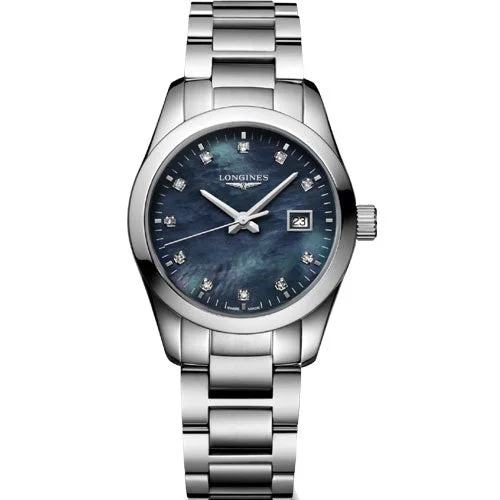 Women's Aviation Watches with High Contrast Hands-Longines Conquest Classic Black Mother-Of-Pearl dial Women 29.5mm