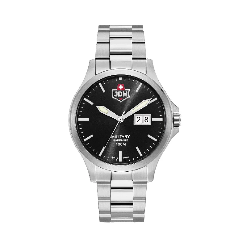 Men's Military Watches for Historical Sites-JDM Military Alpha Big Date Men's Watch JDM-WG014-01 – Swiss Made, 42mm, Stainless Steel, Sapphire Crystal, Black Dial, Quartz, 10 ATM