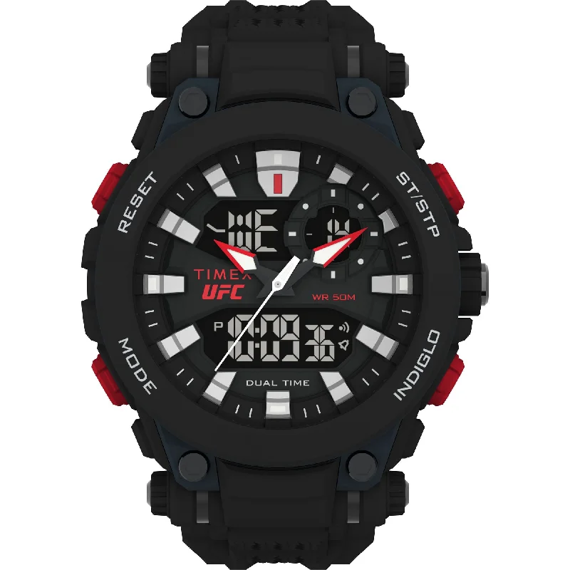 Women's Chronograph Watches with GPS Navigation-Timex UFC Strength Black Dial Round Case Quartz Chronograph Analog Digital Men Watch