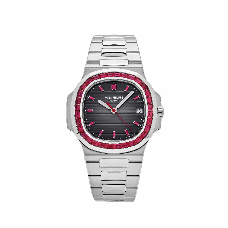 Men's Patek Philippe Watches with Compass Calibration-Patek Philippe Nautilus 5711/112P-001 Platinum Grey Dial Ruby Bezel