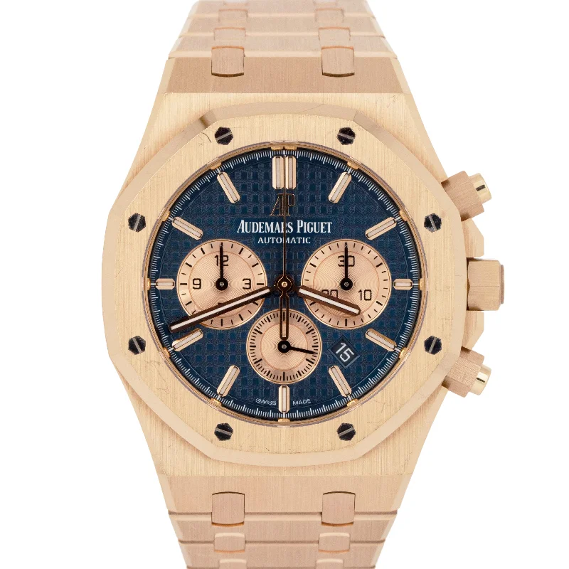 Women's Audemars Piguet Round Case Style Watches-UNPOLISHED Audemars Piguet Royal Oak Chronograph Blue 41mm Rose Gold 263310R B+P