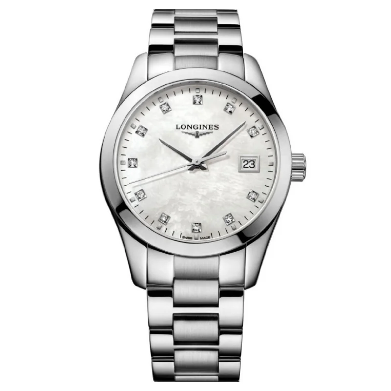Women's Pilot Watches with Engagement Style Inspiration-Longines Conquest Classic White Mother-Of-Pearl Dial Women 34mm