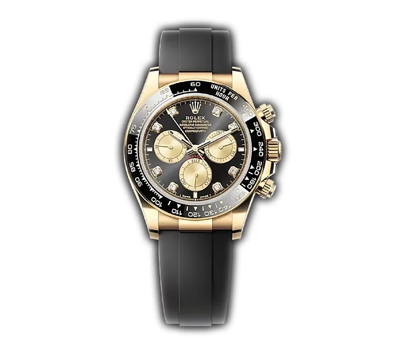men's Rolex watches with fluted bezel -​40mm 18k Yellow Gold Black & Gold Diamond Dial Oysterflex