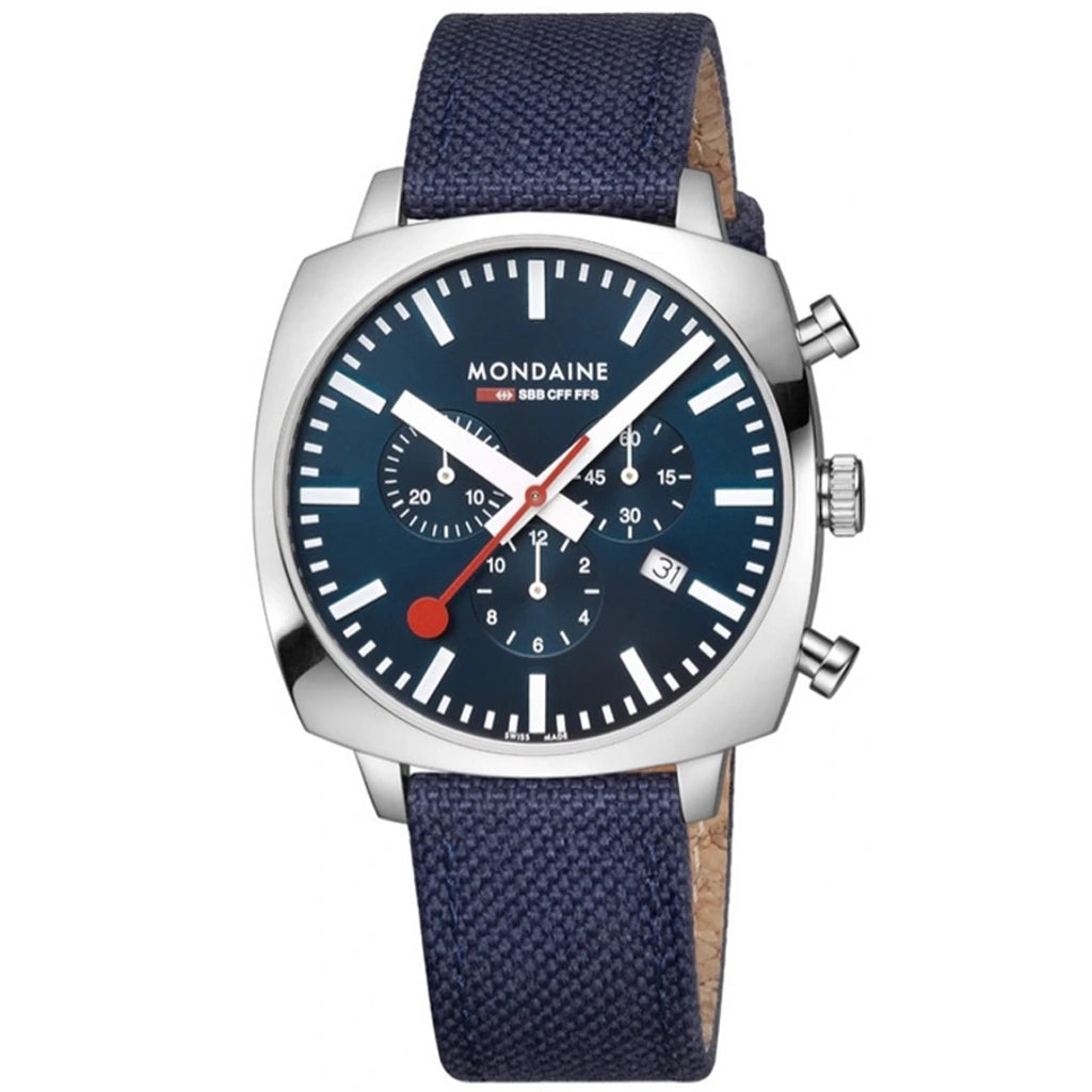 Men's Personalized Design Dress Watches for Unique Messages-Mondaine Grand Cushion Chrono Square Men's Blue Watch  MSL.41440.LD.SET