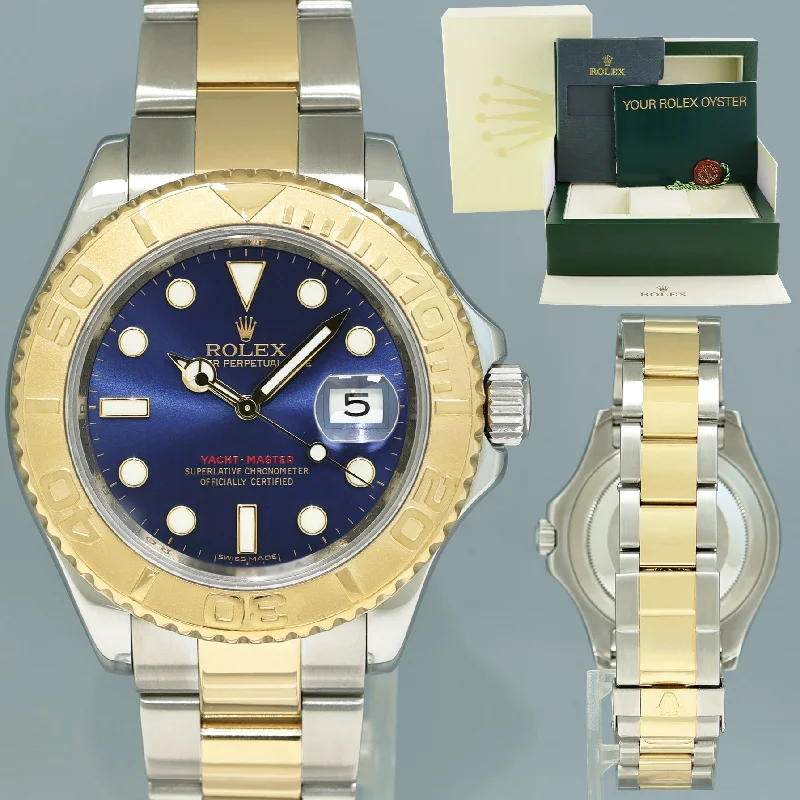 Women's Rolex Office Wear Style Watches-2009 MINT Rolex Yacht-Master 16623 Blue Two Tone Steel Yellow Gold Watch Box