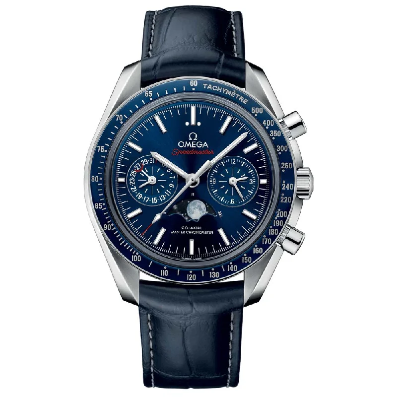 Women's Chronograph Watches for Fitness Tracking-OMEGA Speedmaster Moonphase Chronograph 44.25mm Blue Dial Automatic Gents Watch 30433445203001