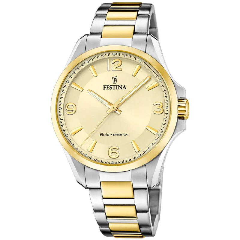 Men's British Made Dress Watches for Heritage Brands-Festina Cream Solar Energy Men's Two-Tone Watch F20657/2