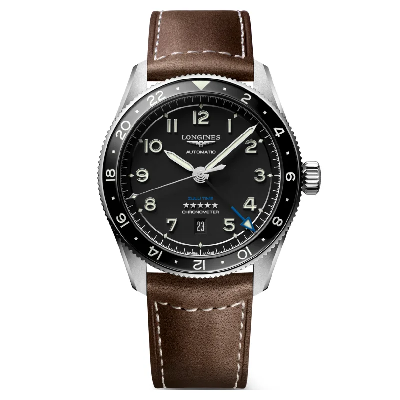 Women's Pilot Watches with Altimeter Calibration-Longines Spirit Zulu Time Black Matt Dial Men 42mm