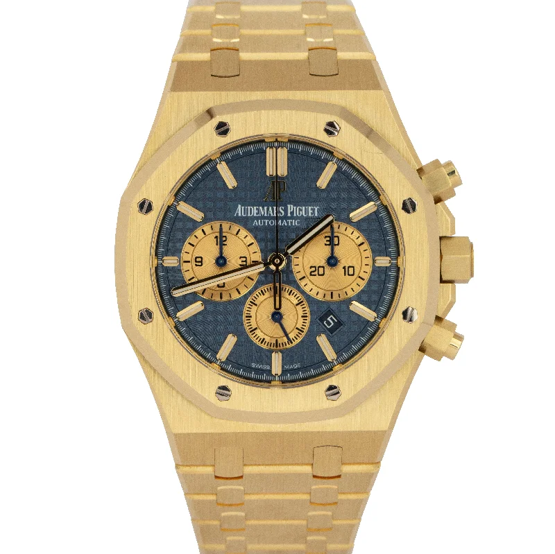 Women's Audemars Piguet Solar Powered Style Watches-Audemars Piguet PAPERS Royal Oak Chronograph BLUE 41mm Yellow Gold 26331BA B+P