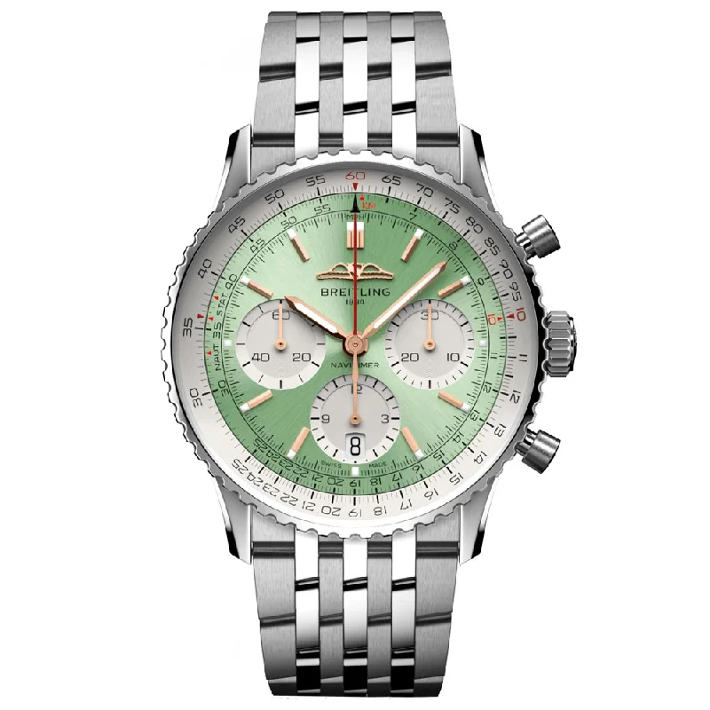 Women's Chronograph Watches for Workouts-Breitling Navitimer B01 Chronograph 41mm Mint Green Dial Automatic Gents Watch AB0139211L1A1