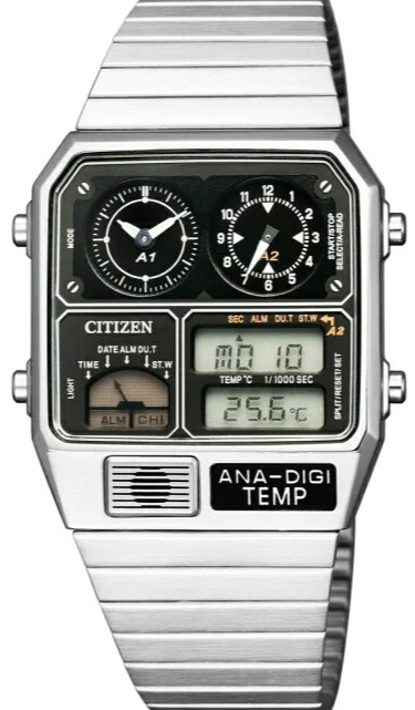 Women's Pilot Watches for Temperature Monitoring-Citizen Retro Analog-Digital Temperature Display ANA-DIGI-Temp Silver JG2101-78E