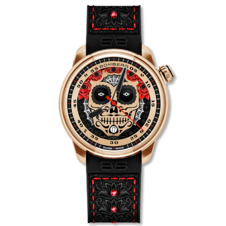 Men's Kinetic Dress Watches with Automatic Charging-Bomberg Día De Los Muertos Men's Gold Watch CT43APGD.26-3.11