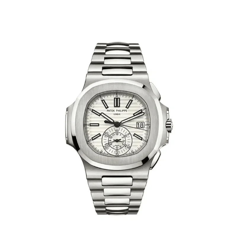 Men's Patek Philippe Watches with UV Sensor-Patek Philippe Nautilus 5980/1A-019 Chronograph Date Stainless Steel White Dial