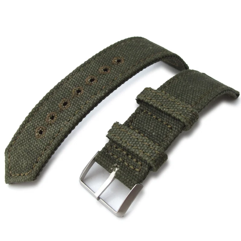 Men's Military Watches with Covert Operations-20mm, 21mm or 22mm MiLTAT WW2 2-piece Military Green Washed Canvas Armband with lockstitch round hole, Sandblasted