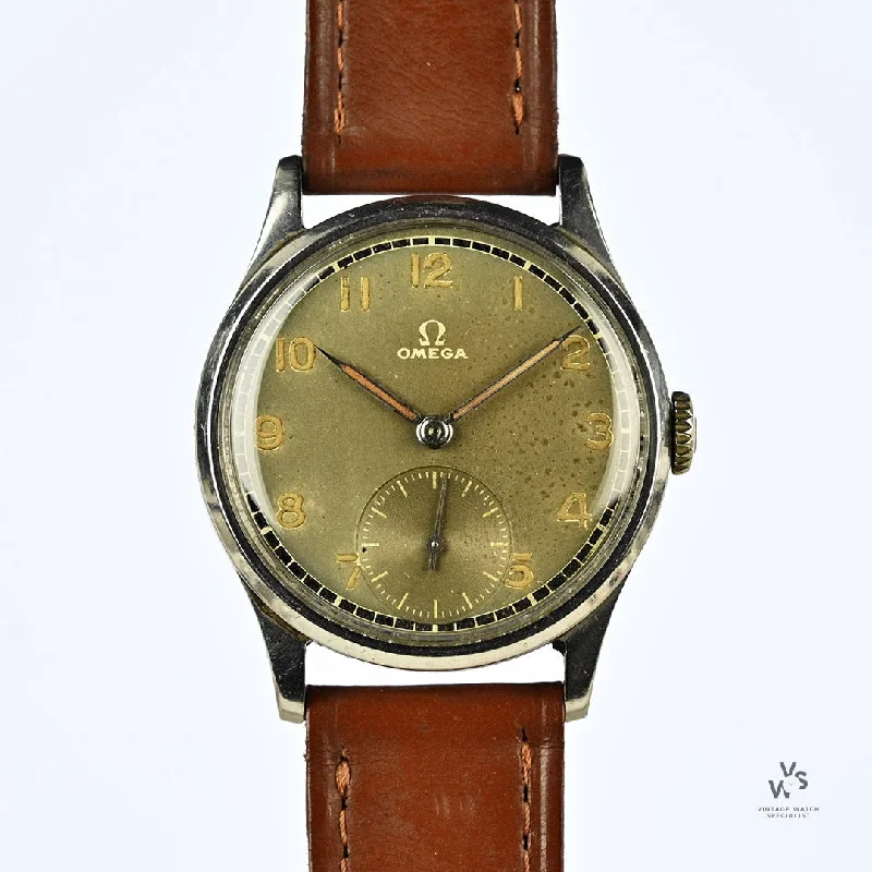 Men's Military Watches with Battlefield Reenactments-Tropical Vintage Omega 13322 With Patina - c.1940s - Stainless Steel Dennison Cased Watch