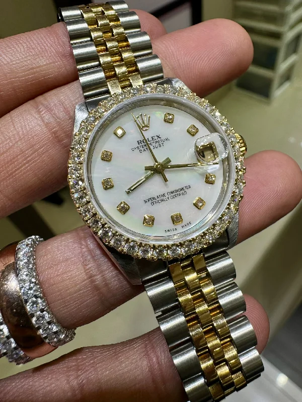 Rolex Datejust vs Day-Date comparison for men's dress watches -Rolex Datejust 6827 Ladies 31mm Jubilee white mother of pearl Diamond Dial with Diamond bezel