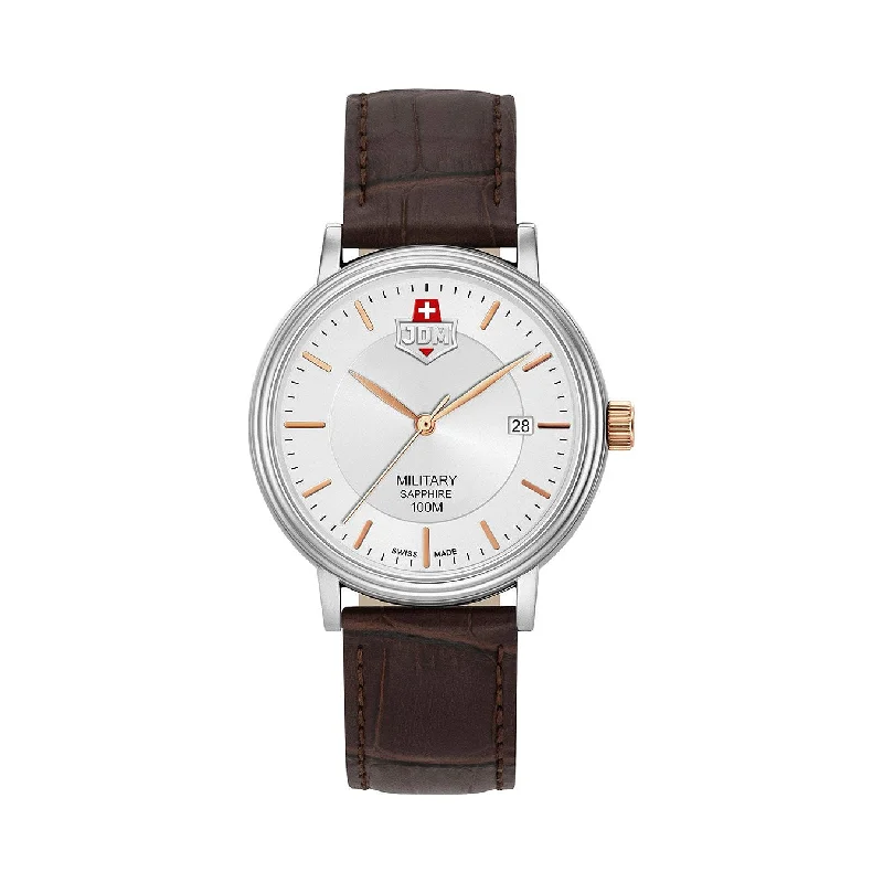 Men's Military Watches with Language Support-JDM Military Kilo Men's Dark Brown Leather Strap Watch JDM-WG004-06 – Swiss Made, 40mm, Sapphire Crystal, 10 ATM Water Resistance, Date Function
