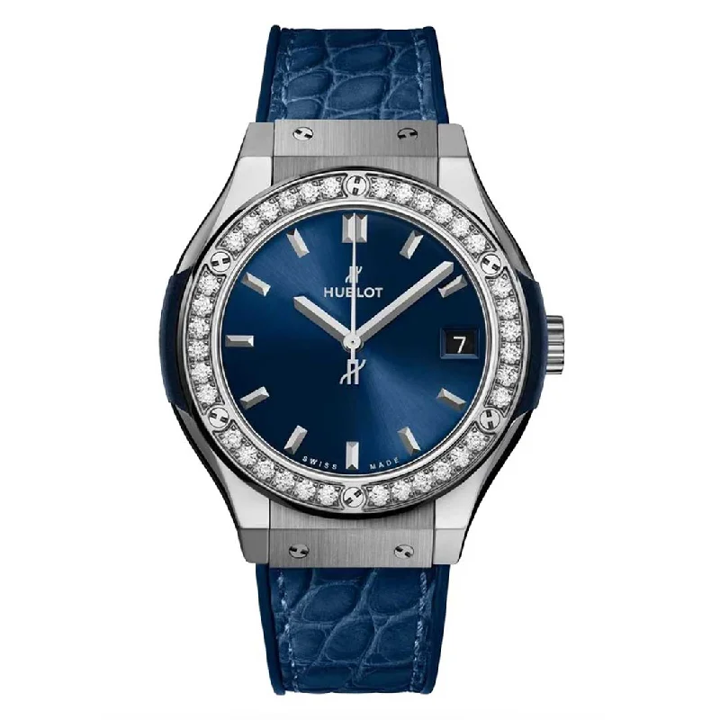 Men's Quartz Watches for UV Protection-HUBLOT, CLASSIC FUSION TITANIUM BLUE DIAMONDS
