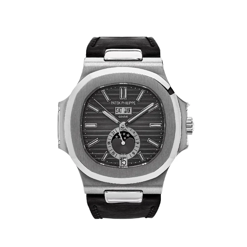 Men's Patek Philippe Watches for Workouts-Patek Philippe Nautilus 5726A-001 Annual Calendar Moon Phases Stainless Steel Black Dial (2016)