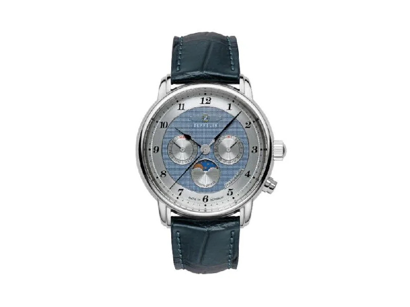 Men's Quartz Watches with Aviation Theme-Zeppelin Friedrichshafen Moon Phase Quartz Watch, Blue, 40 mm, 8536-3