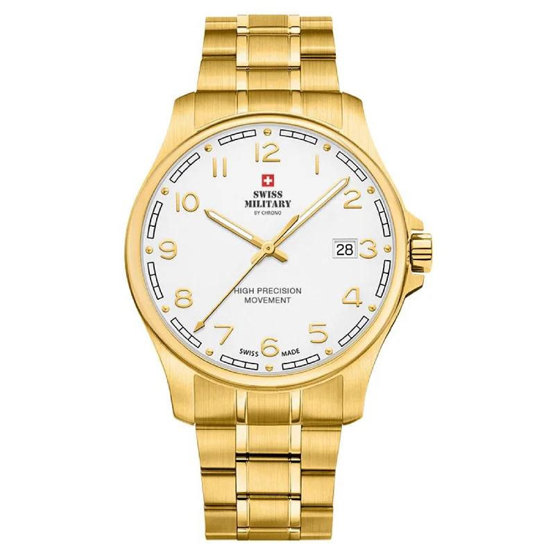 Men's Military Watches with Business Continuity-Swiss Military Gold Steel White Dial Men's Watch - SM30200.23