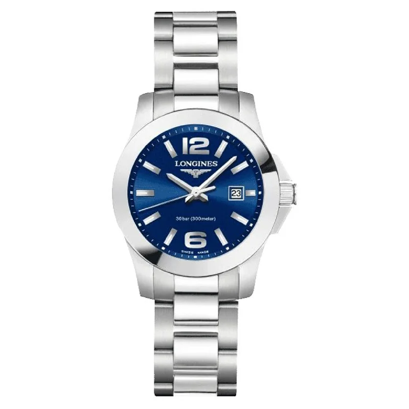 Women's Pilot Watches with Laser Engraving-Longines Conquest Blue Dial Women 29.5mm