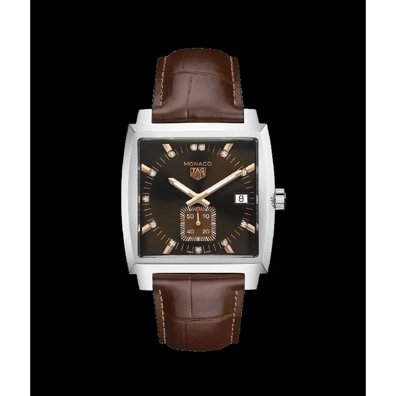 Men's Chronograph Watches with UV Sensor-Tag Heuer Men's WAW131E.FC6420 Monaco Diamond Brown Leather Watch