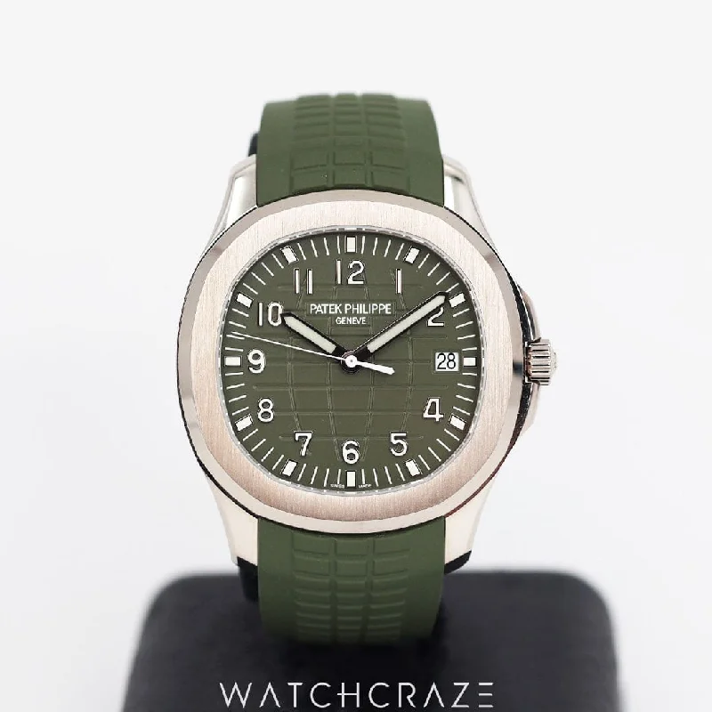 Men's Patek Philippe Watches with Countdown Timers-2020 PATEK PHILIPPE AQUANAUT GREEN DIAL WHITE GOLD 42.2MM 5168G-010