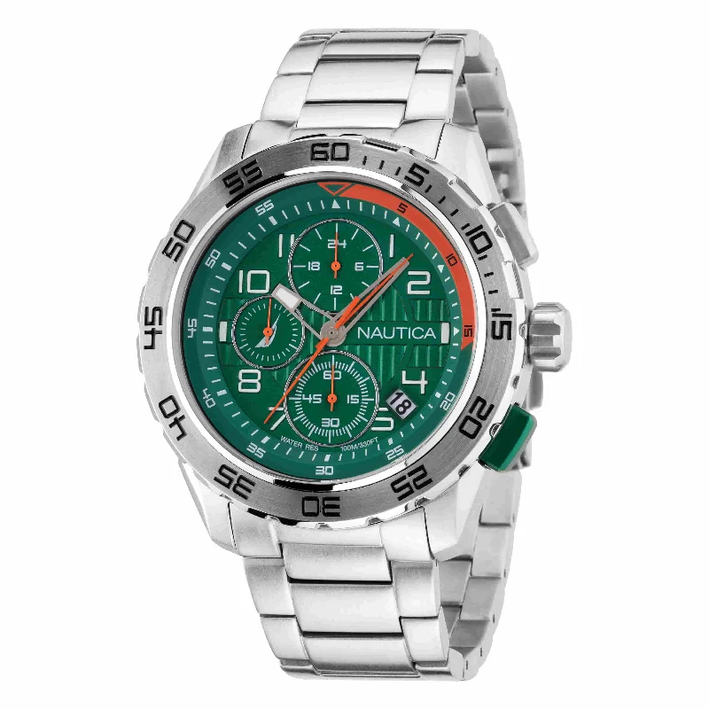 Women's Chronograph Watches with Altimeter Calibration-Nautica NST Green Dial Round Case Quartz Chronograph Analog Men Watch