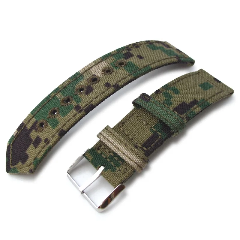 Men's Military Watches for Emergency Response Units-20mm, 21mm or 22mm MiLTAT WW2 2-piece Woodland Camo Cordura 1000D Armband with lockstitch round hole, Polished