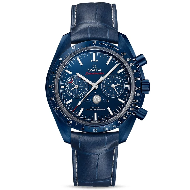 Women's Chronograph Watches for Temperature Monitoring-OMEGA Speedmaster Moonphase Chronograph 44.25mm Blue Dial Ceramic Automatic Gents Watch 30493445203001